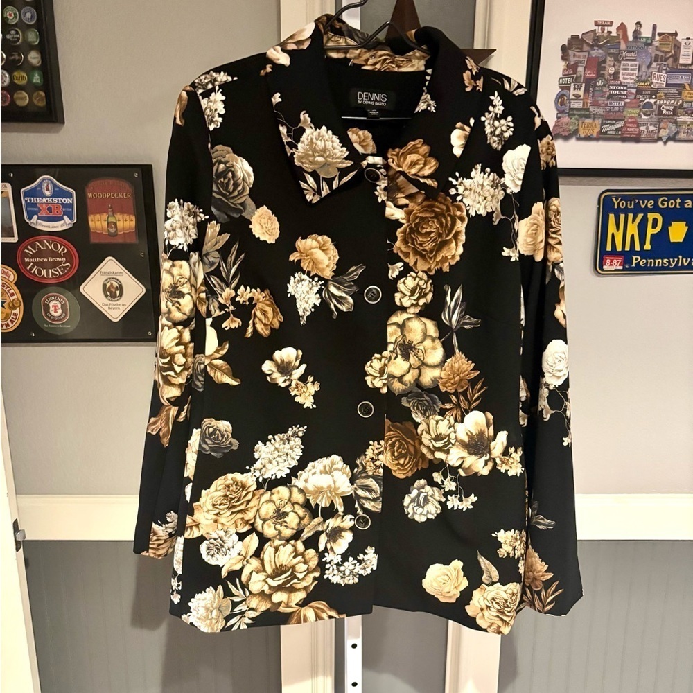 Dennis Basso Black Jacket Brown Floral Lined Pockets Size 26W